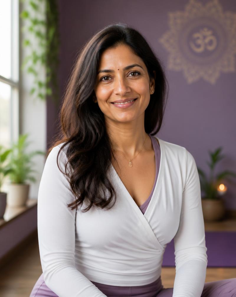 Portrait of yoga instructor Anuradha Nuvvula in a serene studio setting