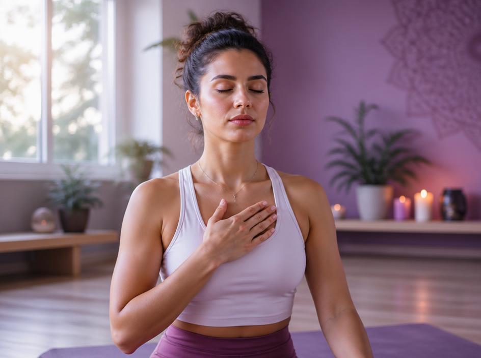 Peaceful pranayama breathing practice with soft studio lighting