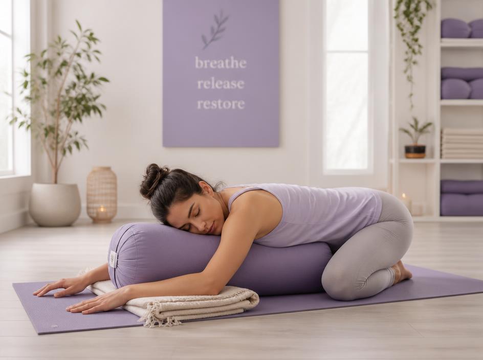 Woman practicing a gentle therapeutic yoga stretch in a calm studio