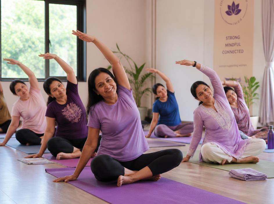 Women practicing yoga together in a supportive group setting